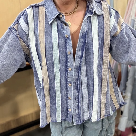 Oli & Hali Striped Denim Button-Up Shirt XL NWT - Picture 2 of 16
